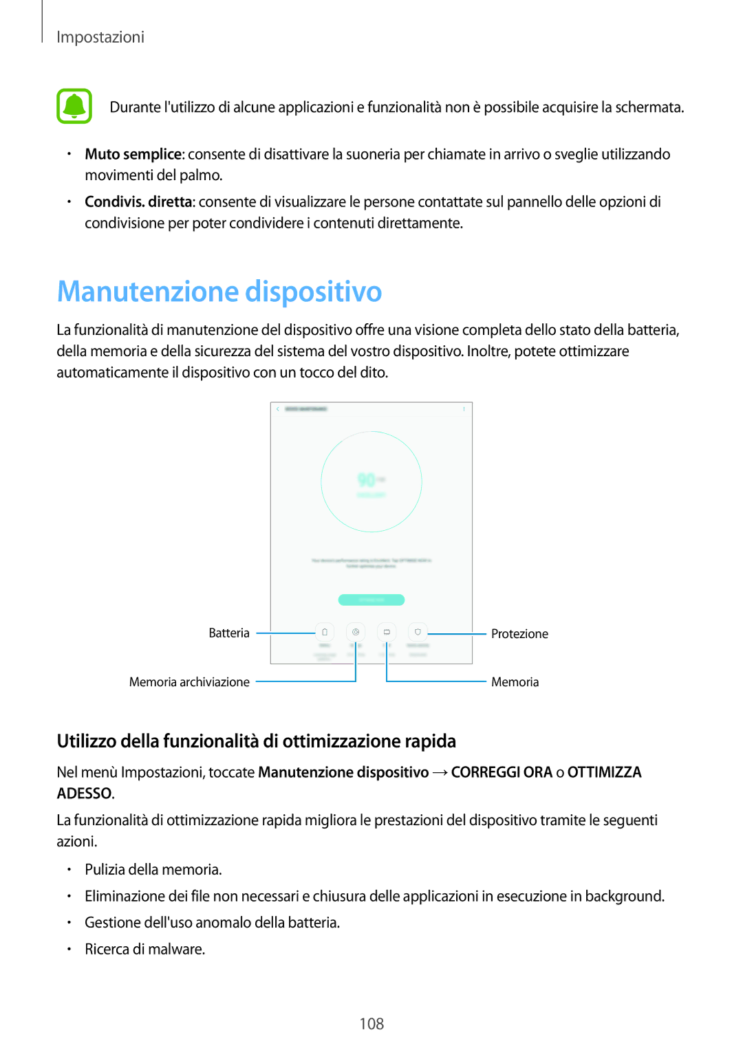 Samsung SM-T815NZWEPLS, SM-T815NZWEDBT manual Manutenzione dispositivo, Utilizzo della funzionalità di ottimizzazione rapida 