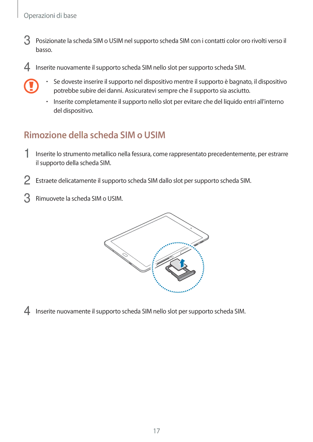 Samsung SM-T815NZWEPLS, SM-T815NZWEDBT, SM-T715NZWEDBT, SM-T815NZDETIM, SM-T715NZKEXEO manual Rimozione della scheda SIM o Usim 