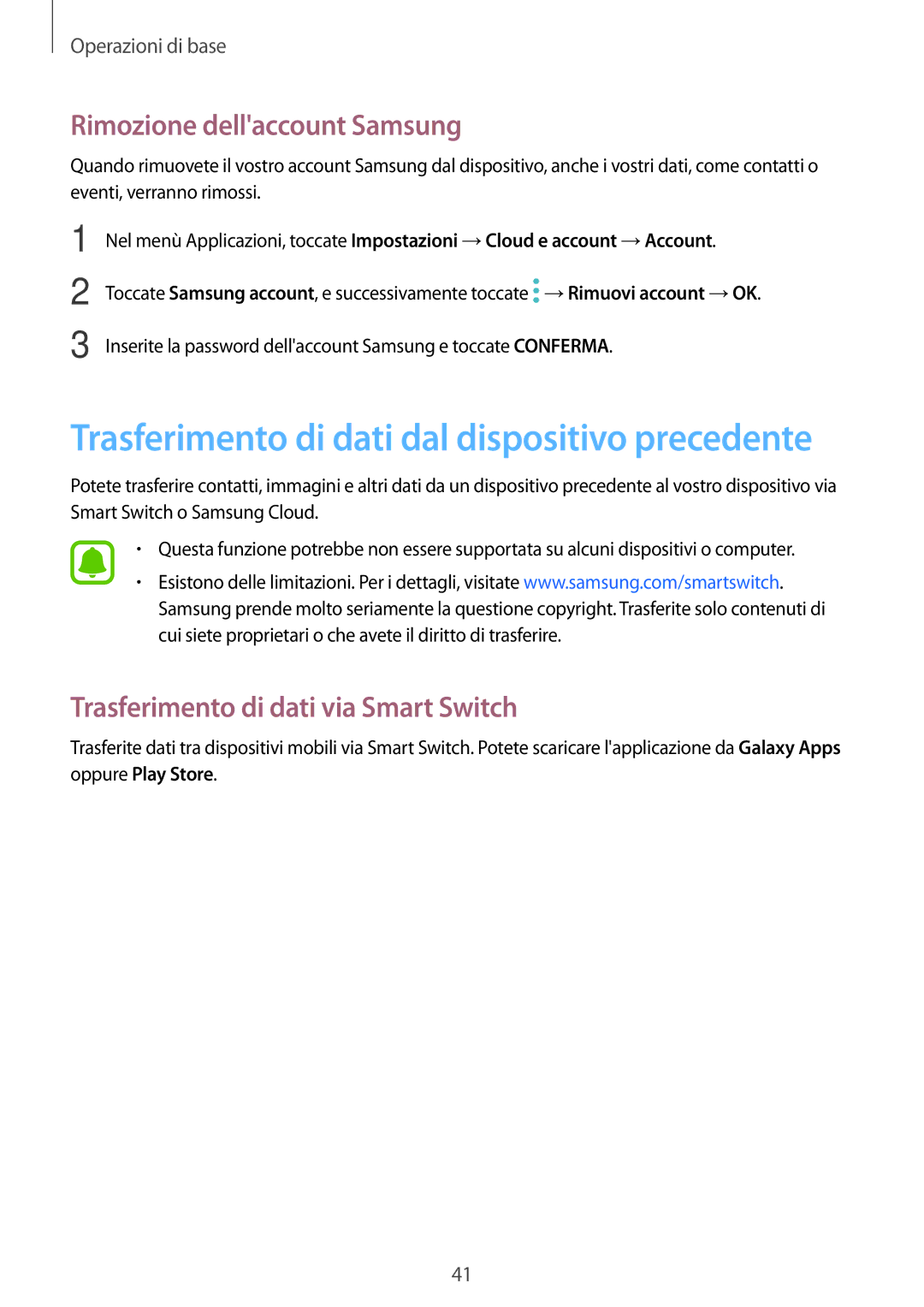 Samsung SM-T815NZDETIM, SM-T815NZWEDBT manual Rimozione dellaccount Samsung, Trasferimento di dati via Smart Switch 