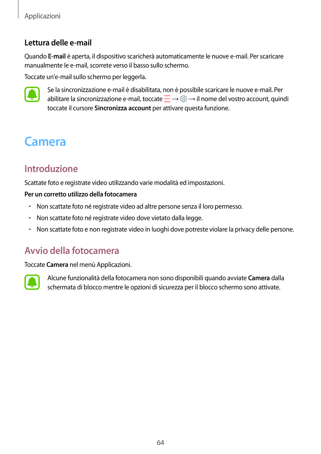 Samsung SM-T715NZKEITV Camera, Avvio della fotocamera, Lettura delle e-mail, Per un corretto utilizzo della fotocamera 