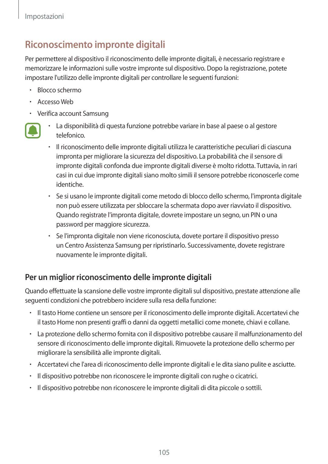 Samsung SM-T715NZWEDBT manual Riconoscimento impronte digitali, Per un miglior riconoscimento delle impronte digitali 