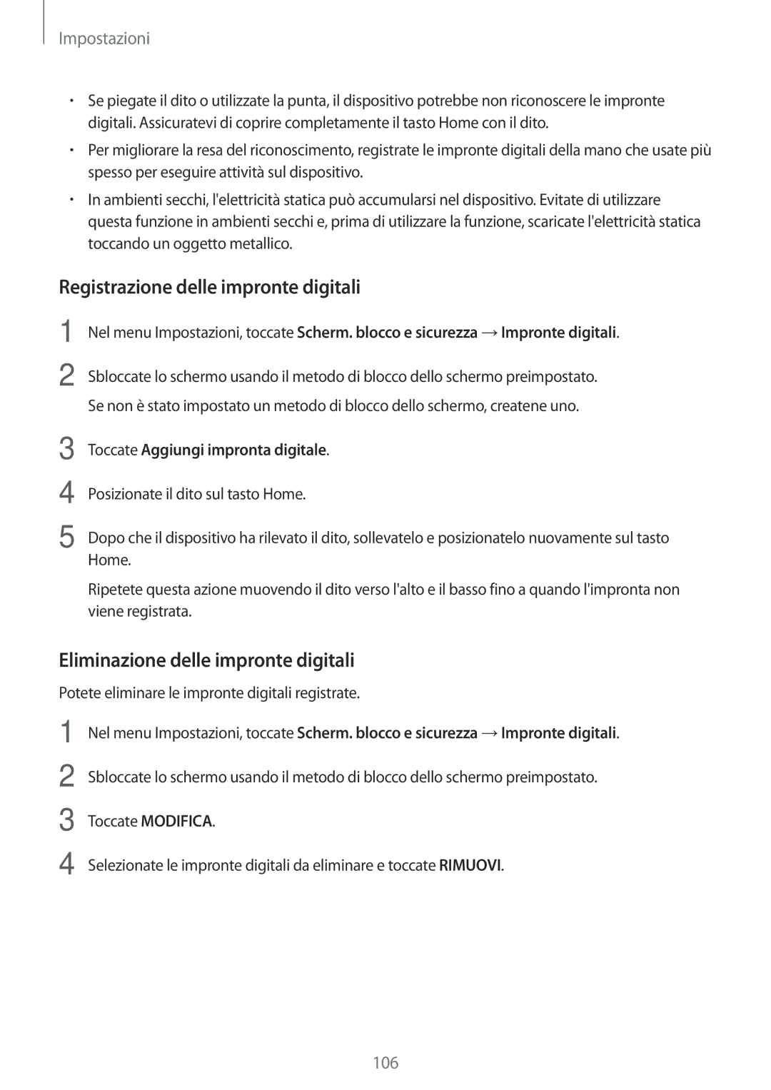 Samsung SM-T815NZDETIM, SM-T815NZWEDBT manual Registrazione delle impronte digitali, Eliminazione delle impronte digitali 