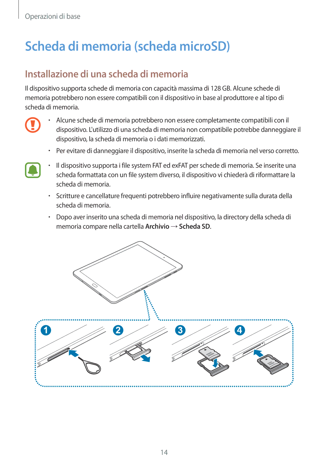 Samsung SM-T715NZWEDBT, SM-T815NZWEDBT manual Scheda di memoria scheda microSD, Installazione di una scheda di memoria 