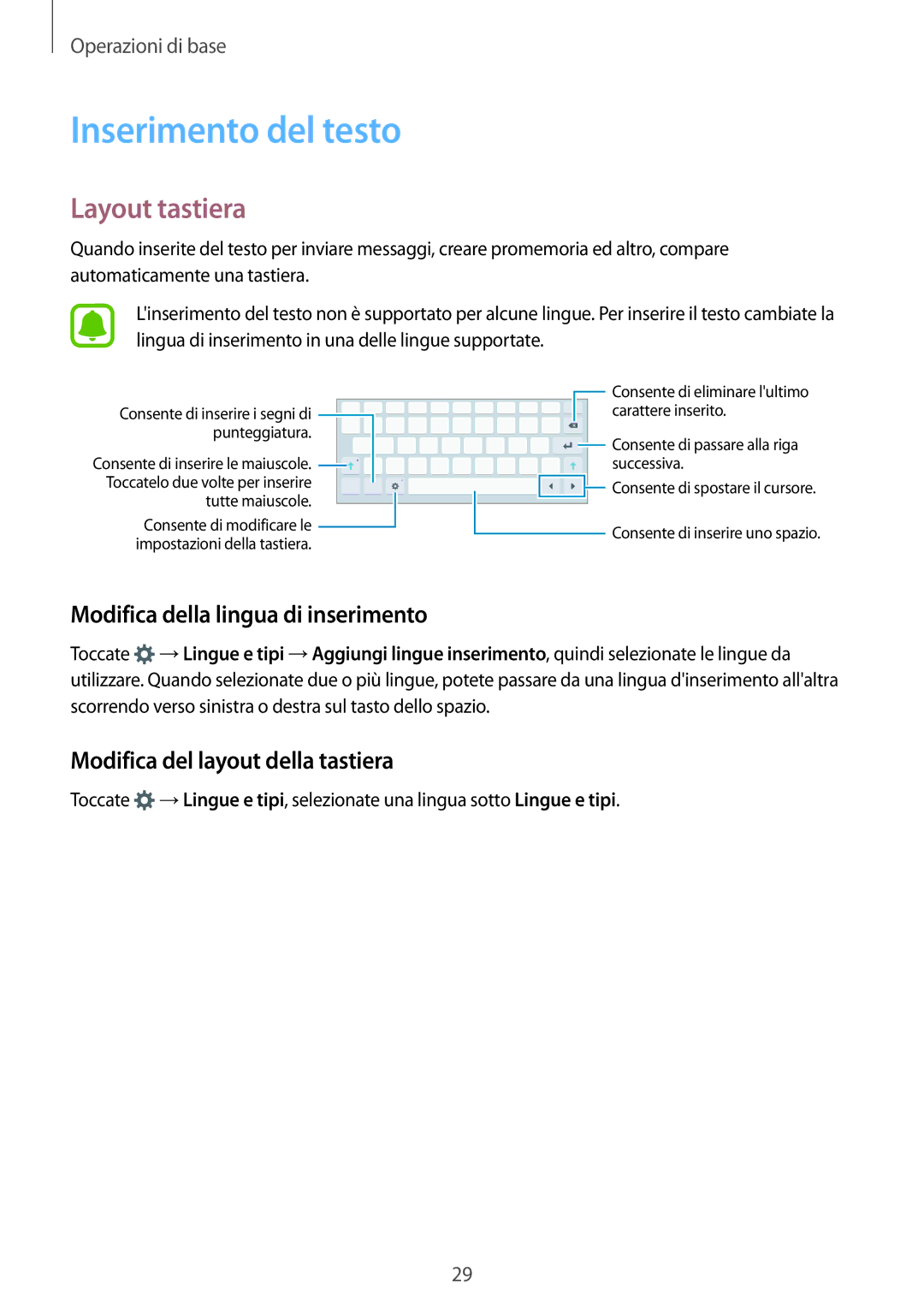 Samsung SM-T715NZKEXEO, SM-T815NZWEDBT manual Inserimento del testo, Layout tastiera, Modifica della lingua di inserimento 