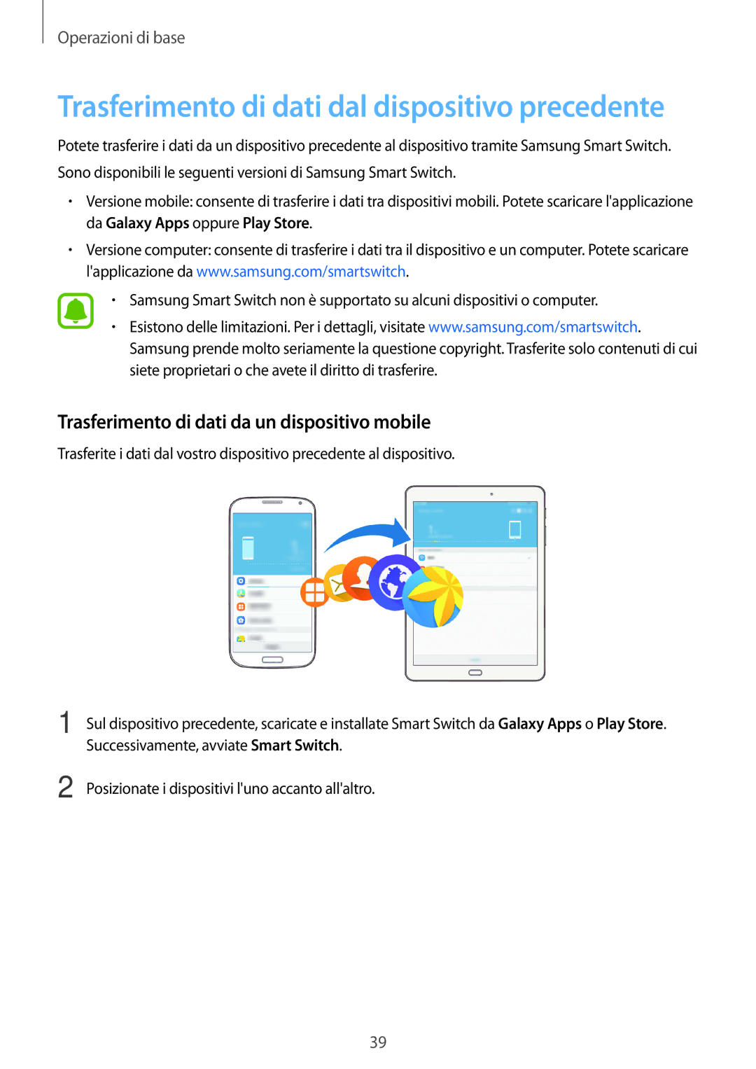 Samsung SM-T815NZWEDBT Trasferimento di dati dal dispositivo precedente, Trasferimento di dati da un dispositivo mobile 