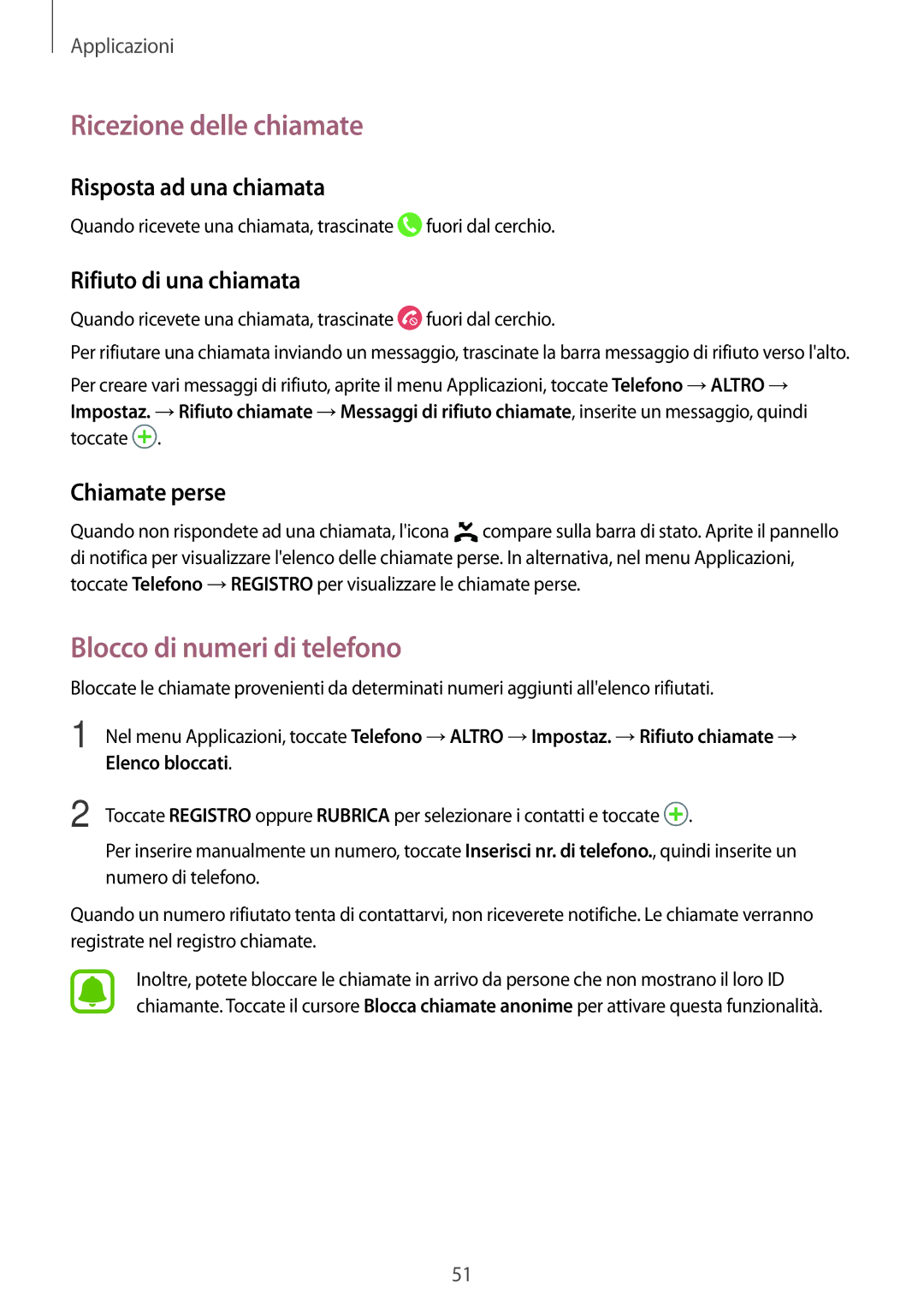 Samsung SM-T715NZKEITV Ricezione delle chiamate, Blocco di numeri di telefono, Risposta ad una chiamata, Chiamate perse 