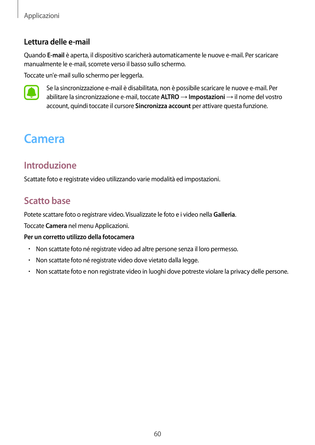 Samsung SM-T815NZWEXEO manual Camera, Scatto base, Lettura delle e-mail, Per un corretto utilizzo della fotocamera 