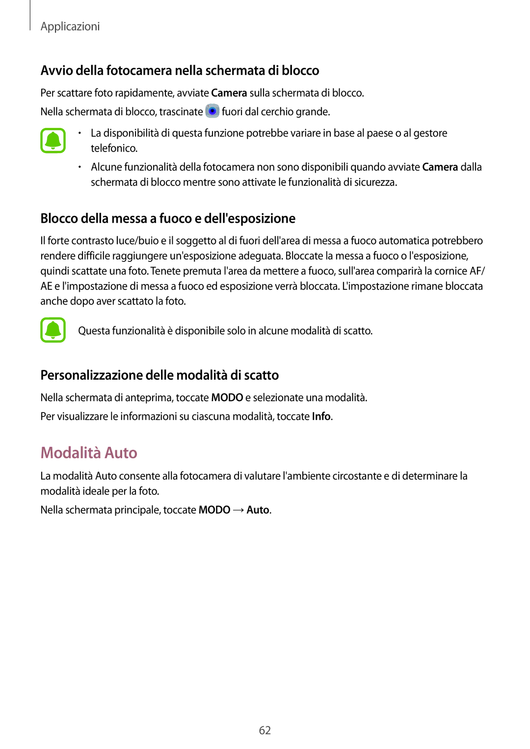 Samsung SM-T715NZDEITV, SM-T815NZWEDBT, SM-T715NZWEDBT manual Modalità Auto, Avvio della fotocamera nella schermata di blocco 