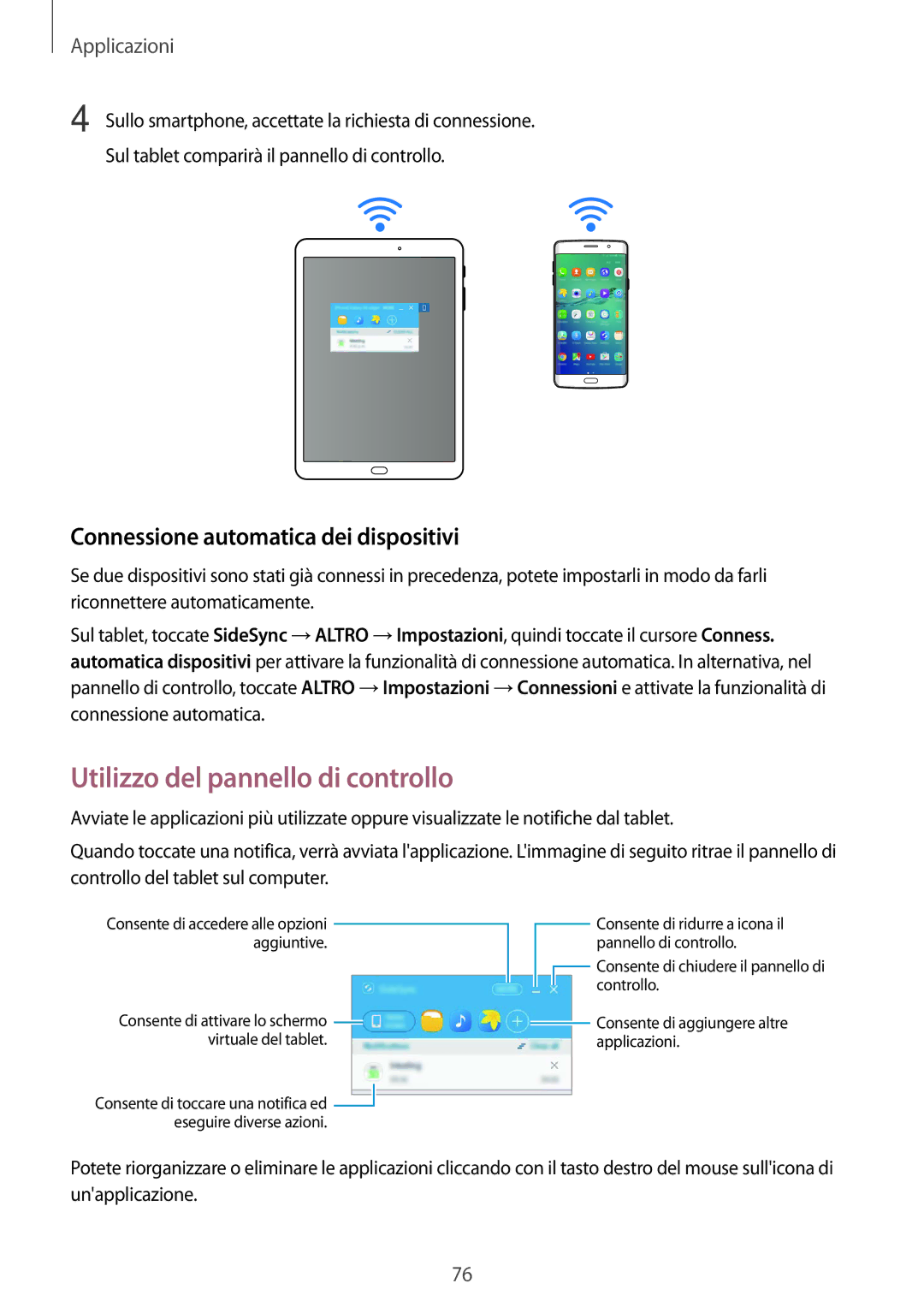 Samsung SM-T815NZKEITV, SM-T815NZWEDBT manual Utilizzo del pannello di controllo, Connessione automatica dei dispositivi 