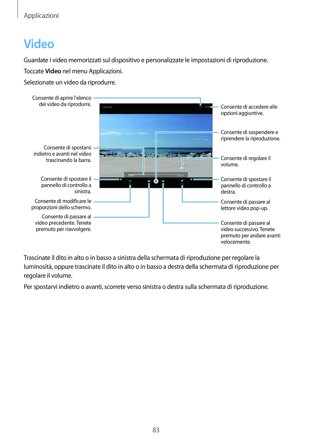 Samsung SM-T815NZKETIM, SM-T815NZWEDBT, SM-T715NZWEDBT, SM-T815NZDETIM, SM-T715NZKEXEO, SM-T815NZWEPLS manual Video, Sinistra 