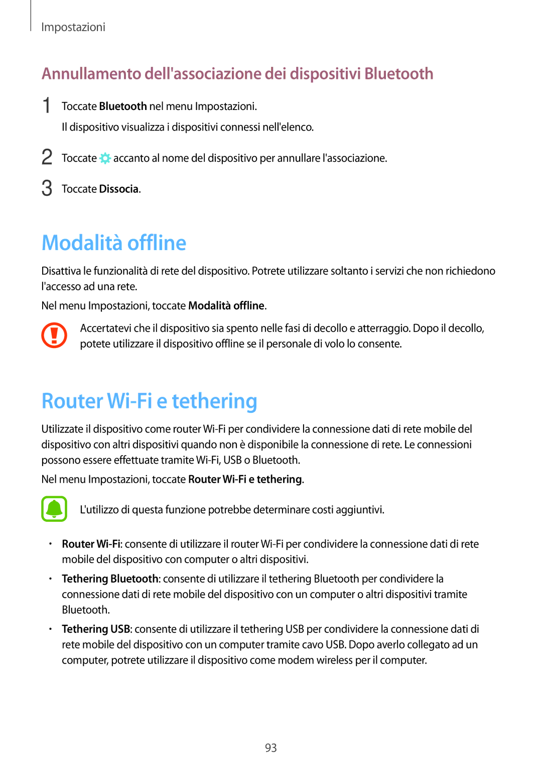 Samsung SM-T815NZDETIM Modalità offline, Router Wi-Fi e tethering, Annullamento dellassociazione dei dispositivi Bluetooth 