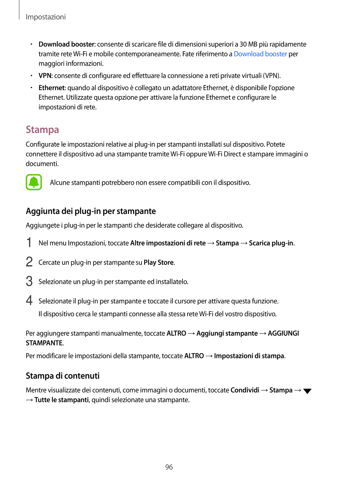 Samsung SM-T815NZKETIM, SM-T815NZWEDBT, SM-T715NZWEDBT manual Aggiunta dei plug-in per stampante, Stampa di contenuti 