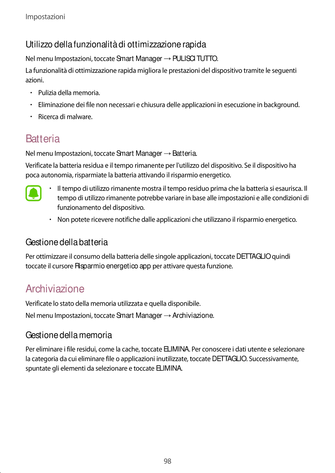 Samsung SM-T815NZDEOMN, SM-T815NZWEDBT manual Batteria, Archiviazione, Utilizzo della funzionalità di ottimizzazione rapida 