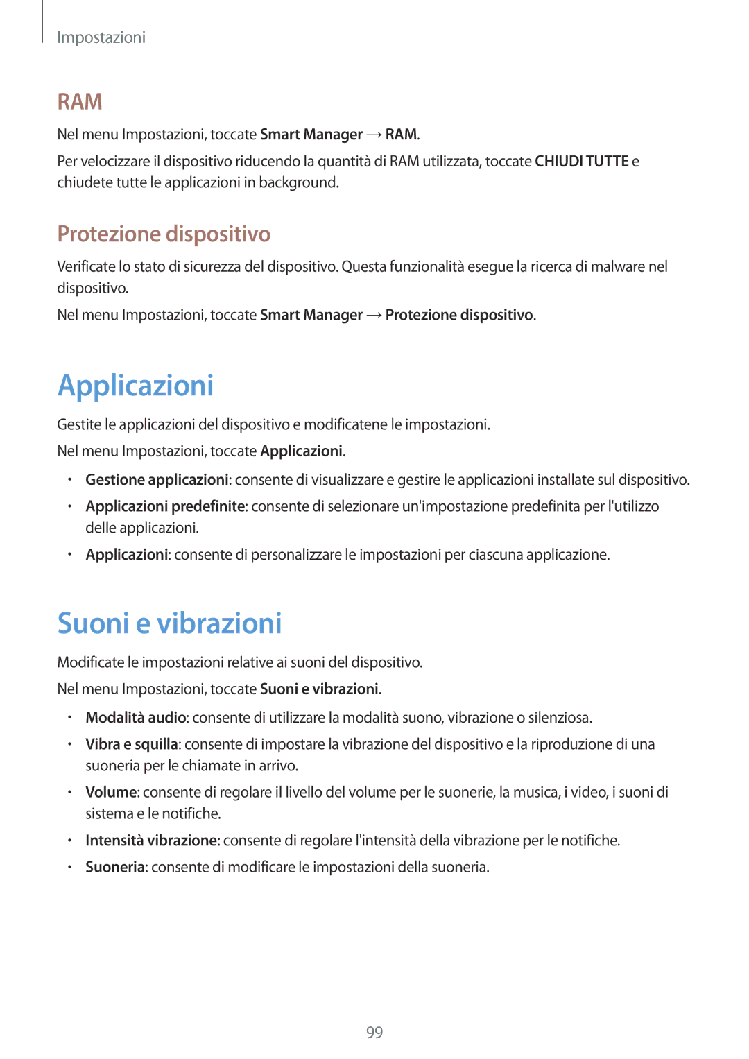 Samsung SM-T815NZWEXEO, SM-T815NZWEDBT, SM-T715NZWEDBT manual Applicazioni, Suoni e vibrazioni, Protezione dispositivo 