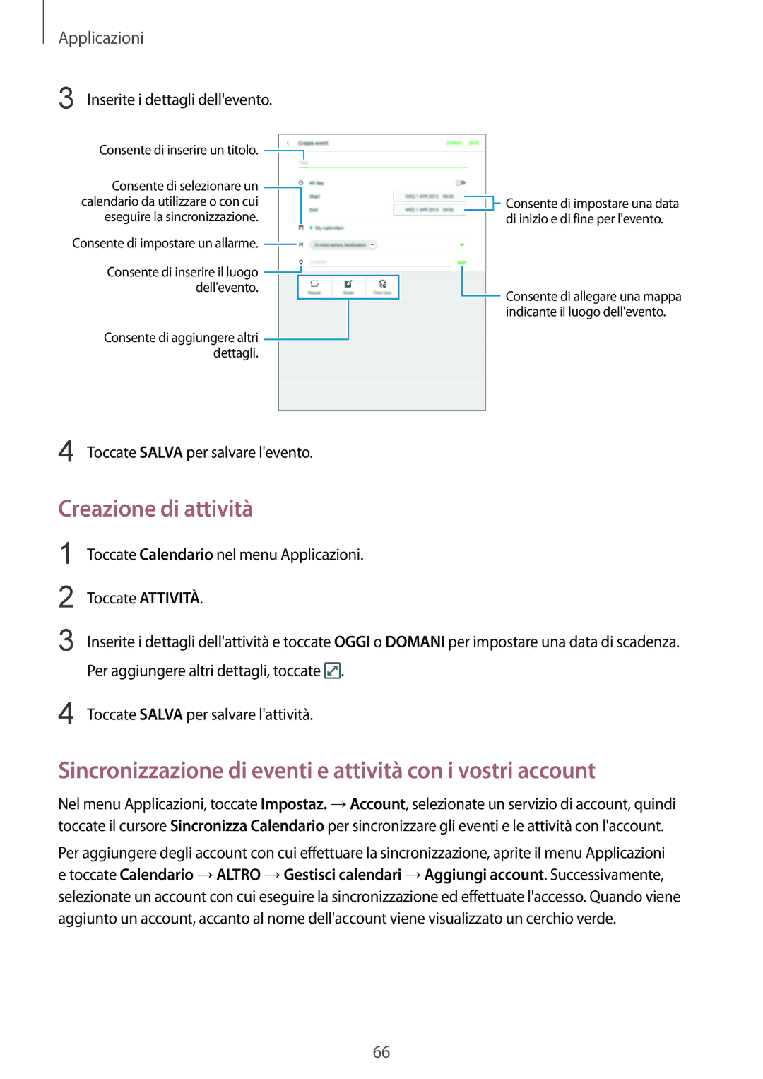 Samsung SM-T815NZWEPLS, SM-T815NZWEDBT Creazione di attività, Sincronizzazione di eventi e attività con i vostri account 