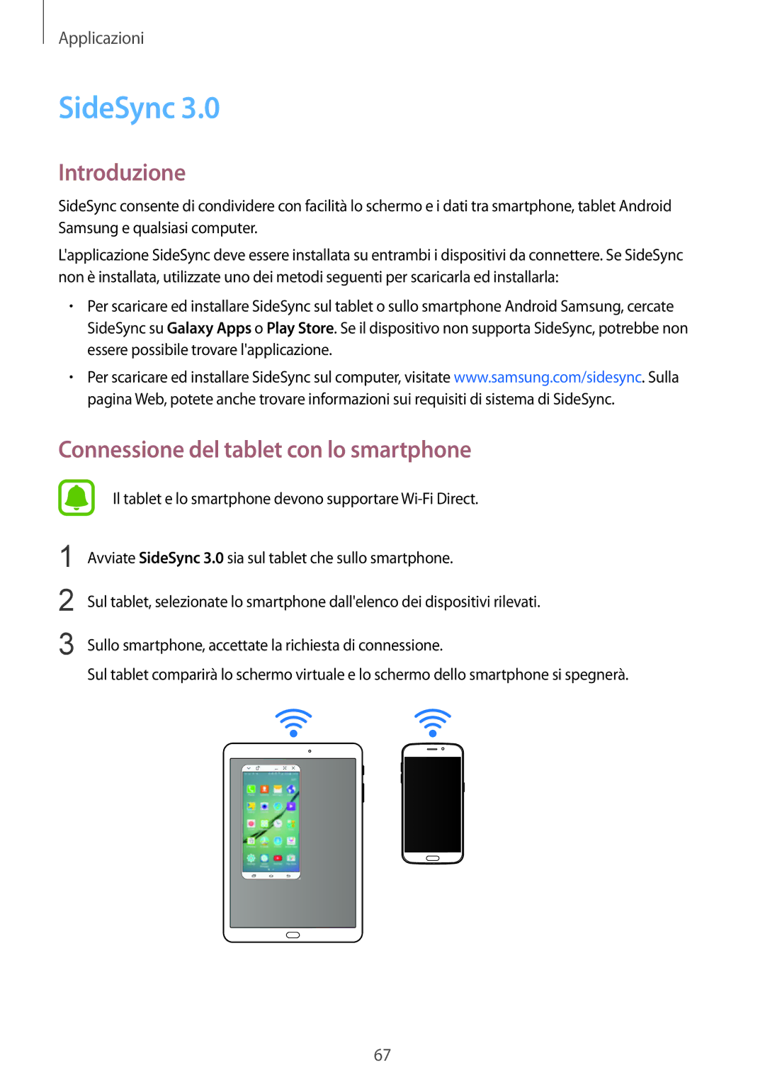 Samsung SM-T815NZKETIM, SM-T815NZWEDBT, SM-T815NZDETIM, SM-T815NZWEPLS SideSync, Connessione del tablet con lo smartphone 