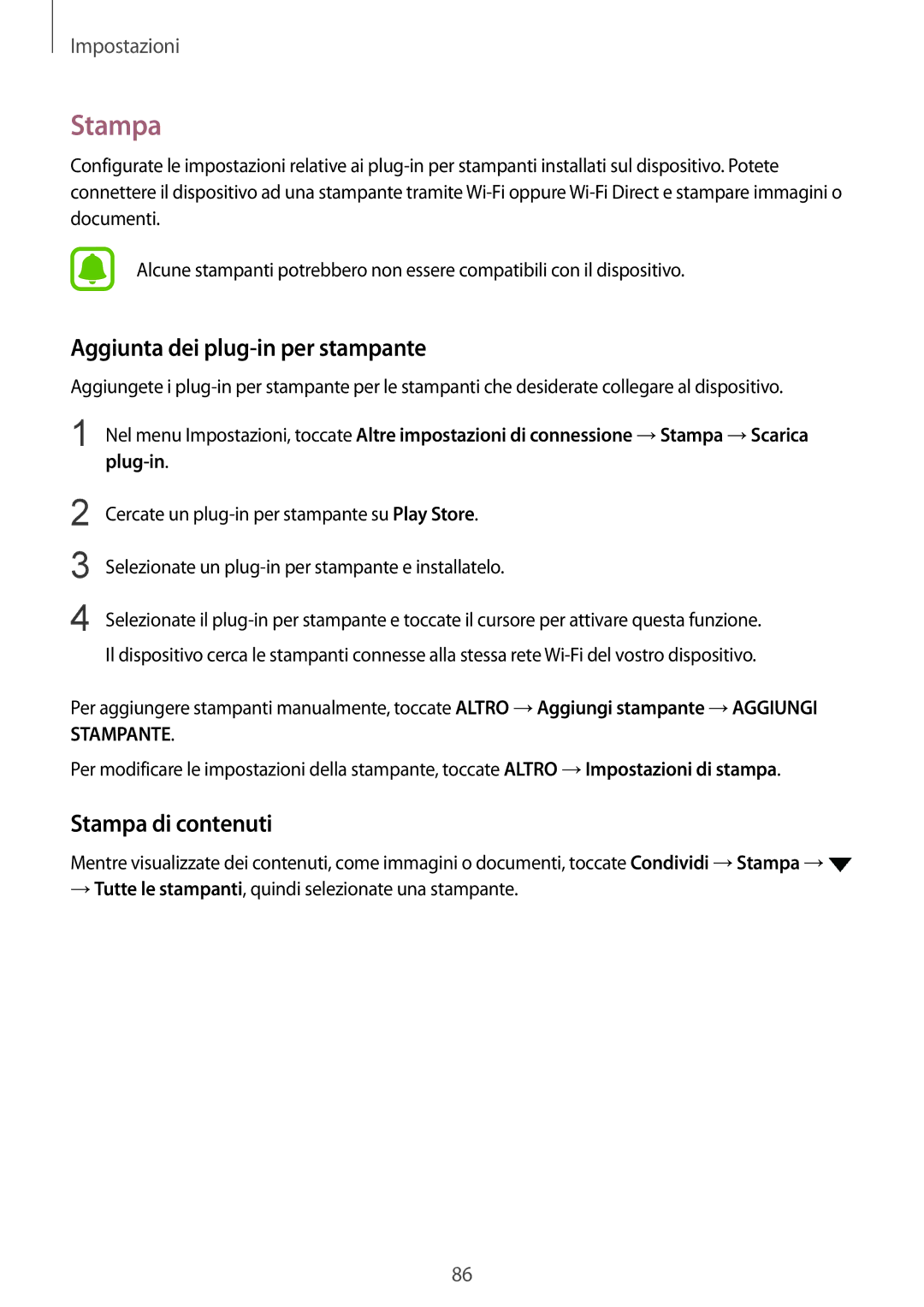 Samsung SM-T815NZDEITV, SM-T815NZWEDBT, SM-T815NZDETIM manual Aggiunta dei plug-in per stampante, Stampa di contenuti 