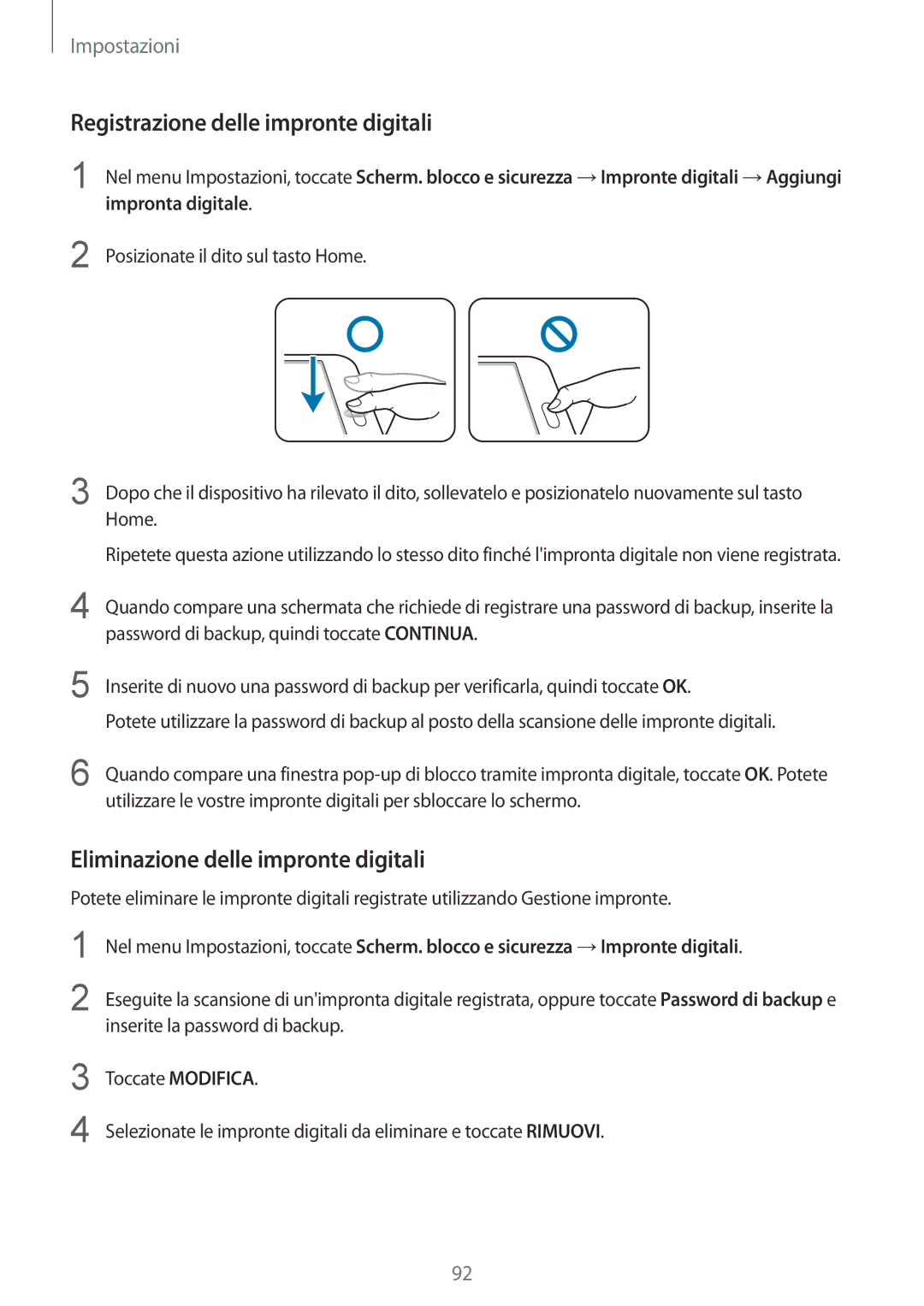 Samsung SM-T815NZDEOMN, SM-T815NZWEDBT manual Registrazione delle impronte digitali, Eliminazione delle impronte digitali 