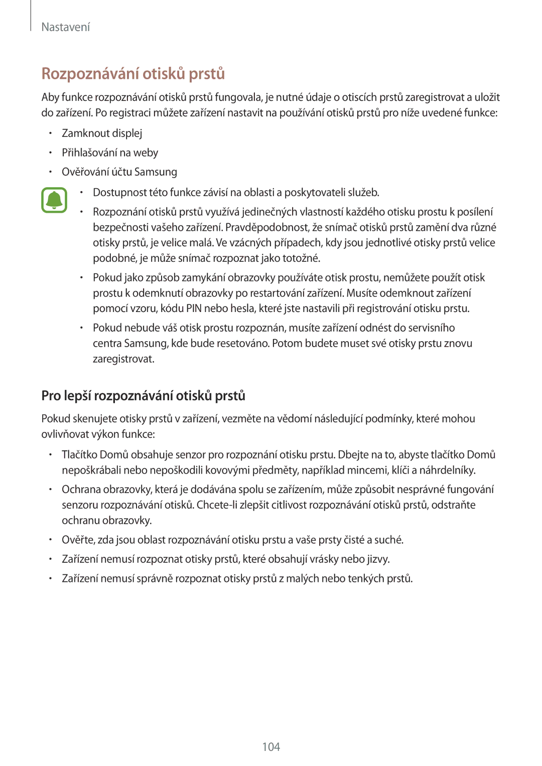 Samsung SM-T815NZWEXEH, SM-T815NZWEDBT, SM-T815NZWEXEO manual Rozpoznávání otisků prstů, Pro lepší rozpoznávání otisků prstů 