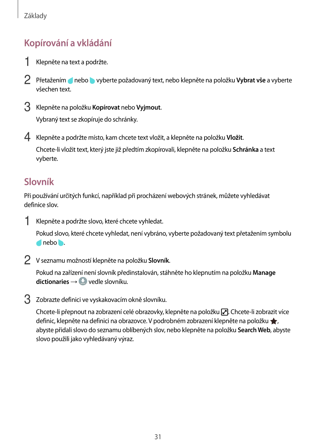 Samsung SM-T815NZWEVDH, SM-T815NZWEDBT, SM-T815NZWEXEO, SM-T815NZWETMH, SM-T815NZWEATO manual Kopírování a vkládání, Slovník 