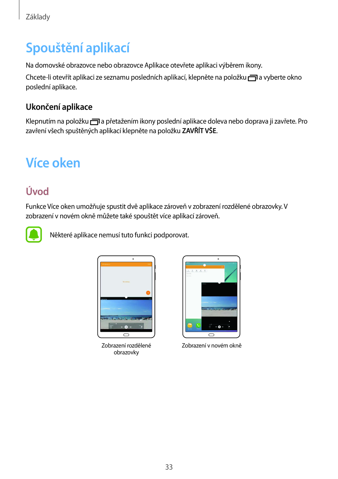 Samsung SM-T815NZWEATO, SM-T815NZWEDBT, SM-T815NZWEXEO manual Spouštění aplikací, Více oken, Úvod, Ukončení aplikace 