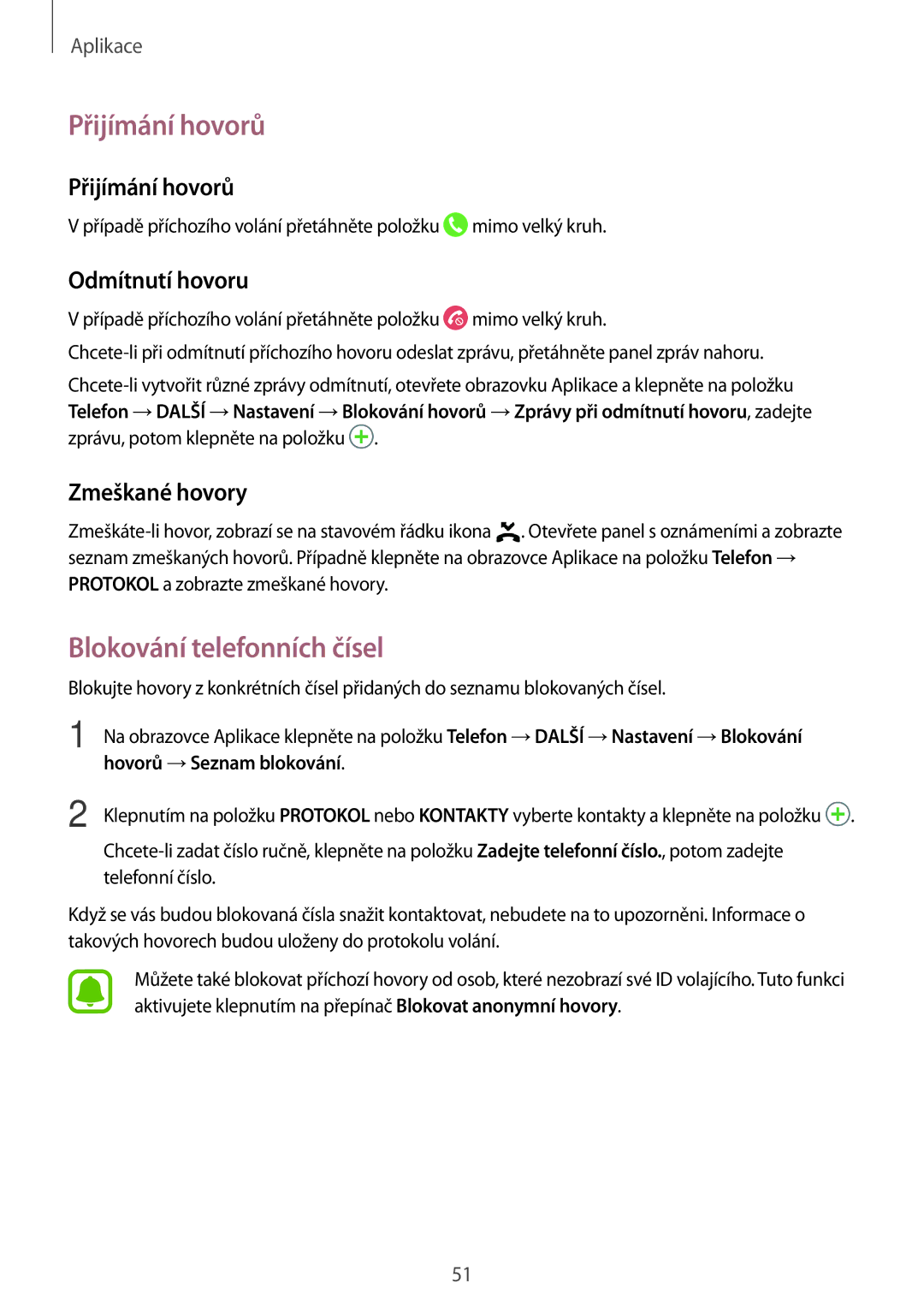 Samsung SM-T715NZWEEUR, SM-T815NZWEDBT Přijímání hovorů, Blokování telefonních čísel, Odmítnutí hovoru, Zmeškané hovory 