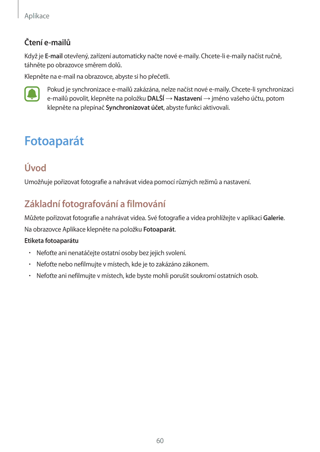 Samsung SM-T815NZWEVDH, SM-T815NZWEDBT, SM-T815NZWEXEO manual Fotoaparát, Základní fotografování a filmování, Čtení e-mailů 