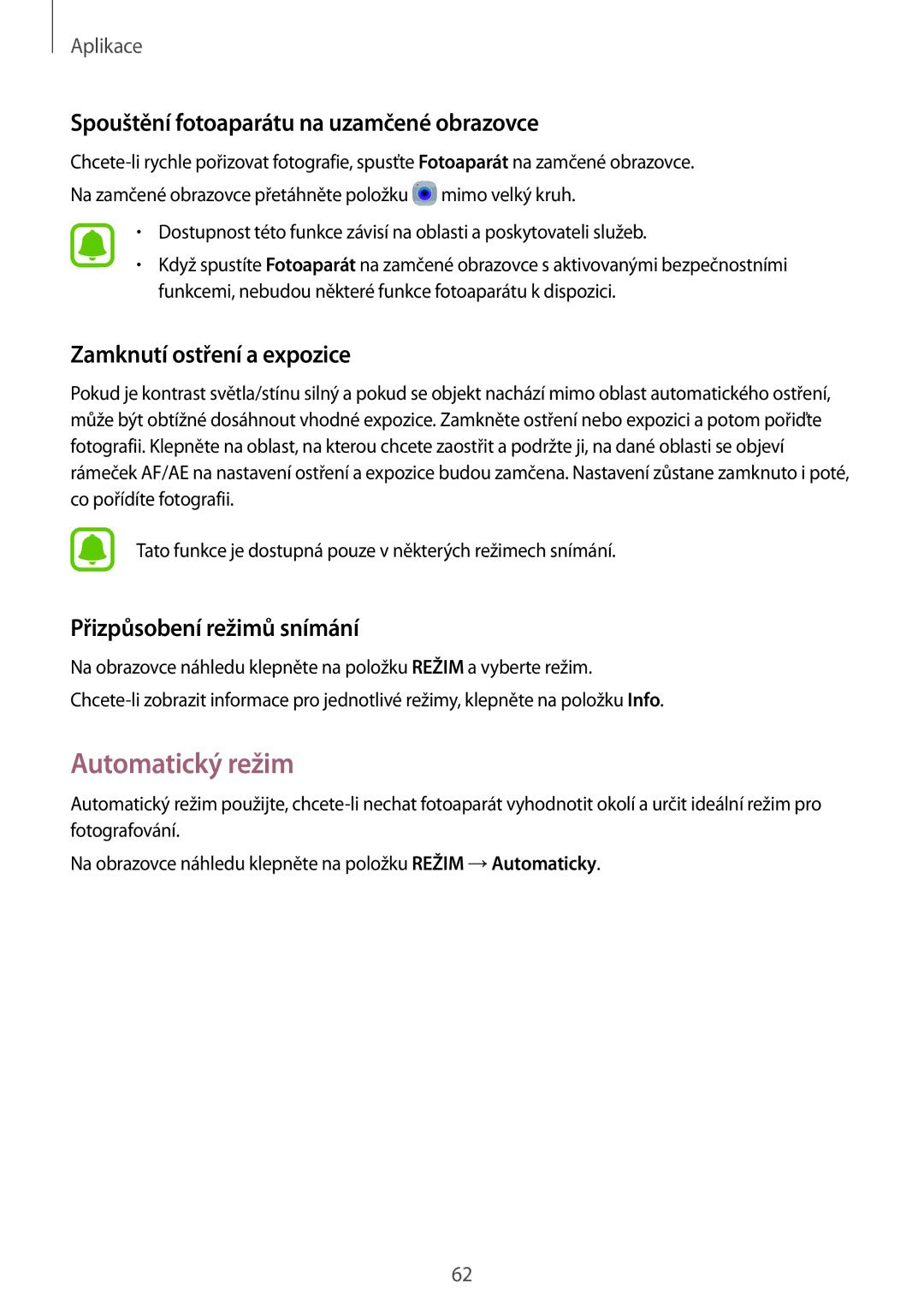 Samsung SM-T815NZWEATO manual Automatický režim, Spouštění fotoaparátu na uzamčené obrazovce, Zamknutí ostření a expozice 