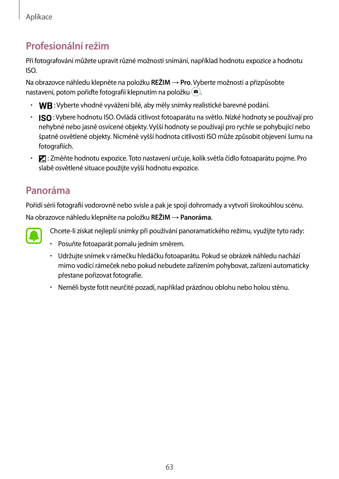 Samsung SM-T815NZKEO2C, SM-T815NZWEDBT, SM-T815NZWEXEO, SM-T815NZWEVDH, SM-T815NZWETMH manual Profesionální režim, Panoráma 