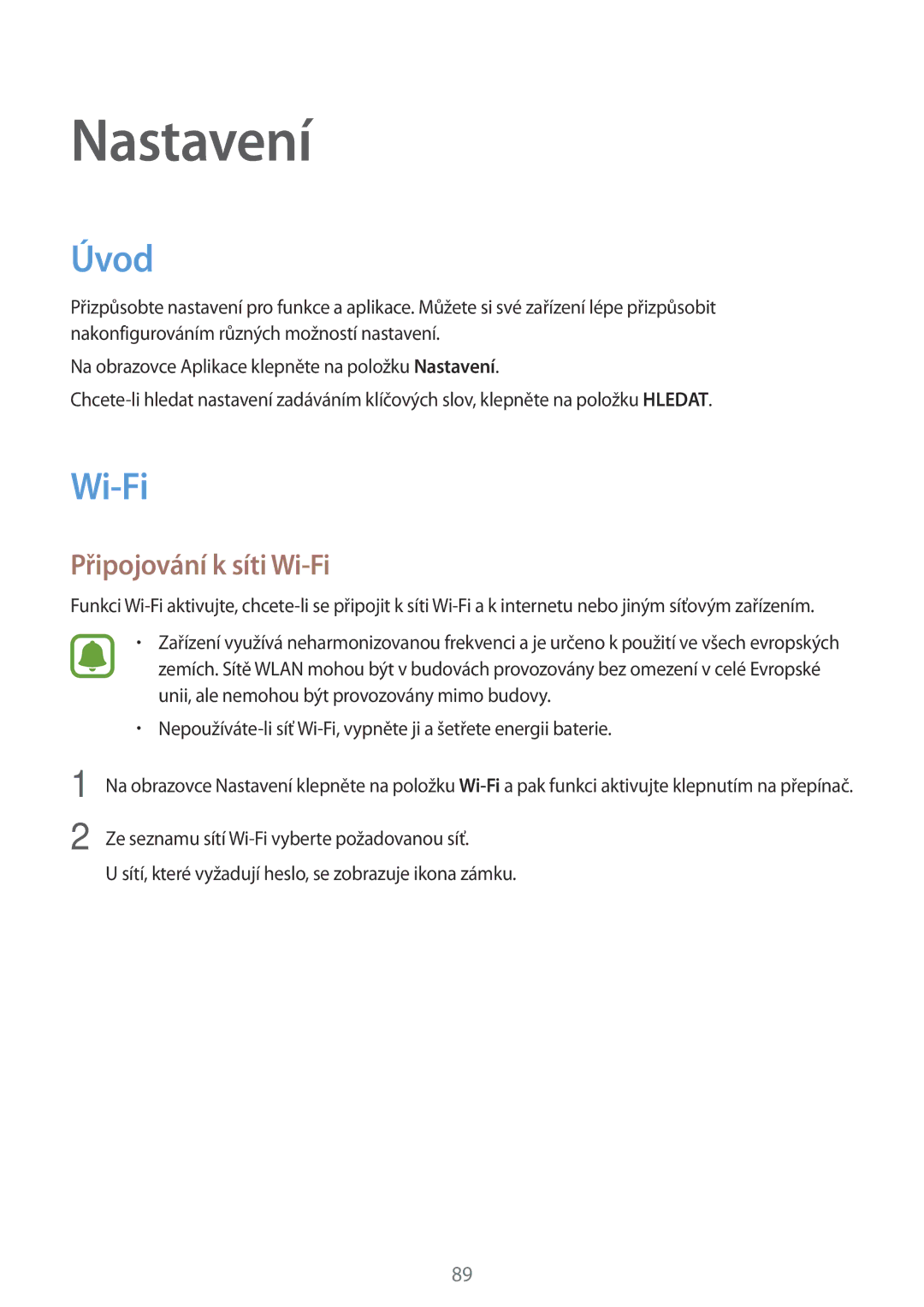 Samsung SM-T815NZWEVDH, SM-T815NZWEDBT, SM-T815NZWEXEO, SM-T815NZWETMH, SM-T815NZWEATO Úvod, Připojování k síti Wi-Fi 