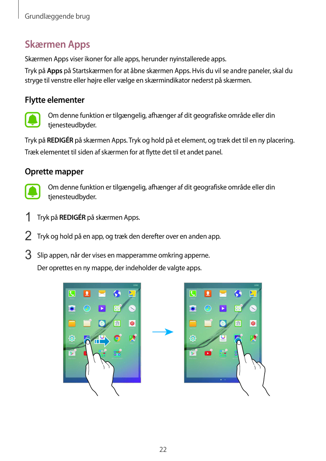 Samsung SM-T815NZWENEE manual Skærmen Apps, Flytte elementer 