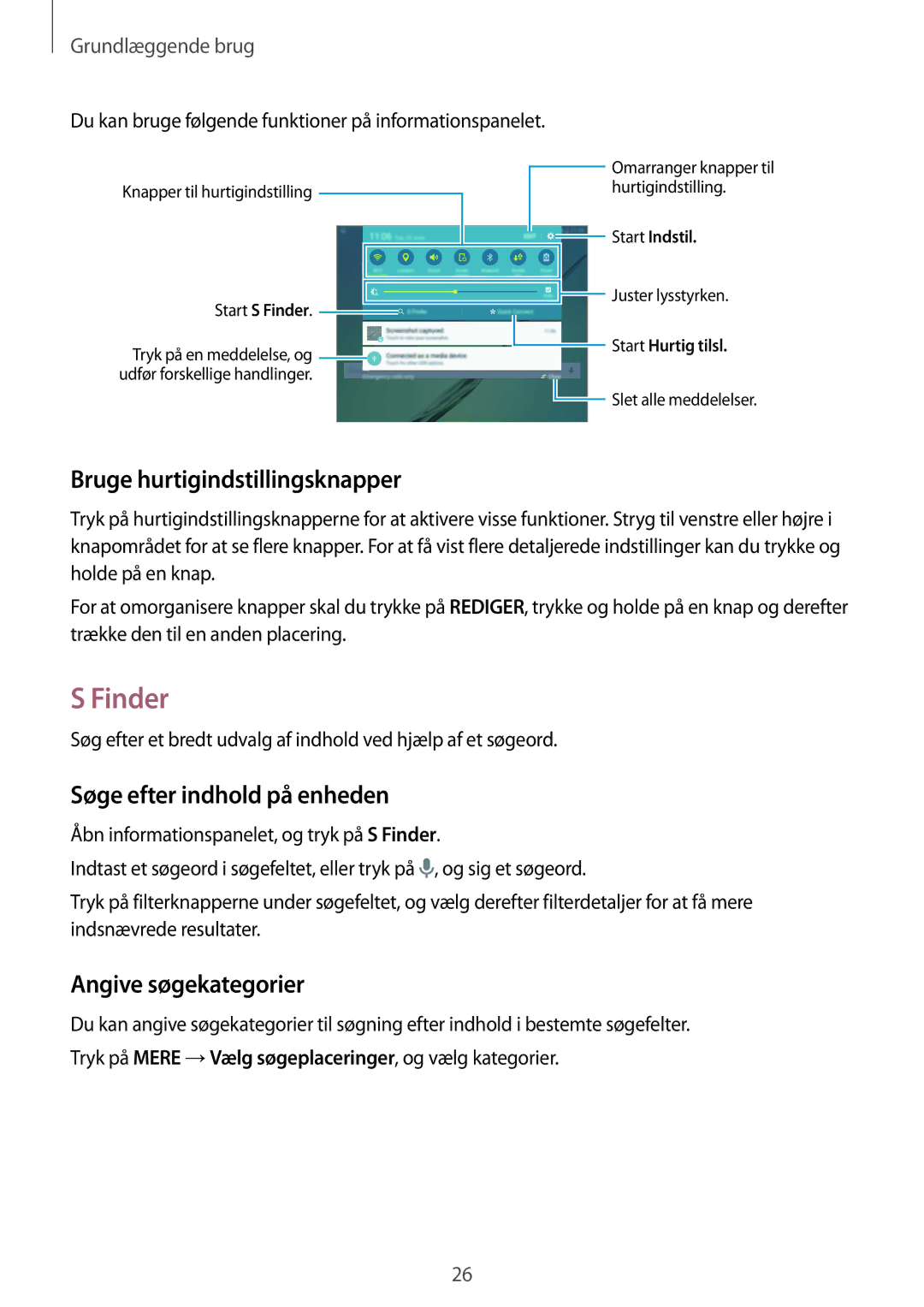 Samsung SM-T815NZWENEE manual Finder, Bruge hurtigindstillingsknapper, Søge efter indhold på enheden, Angive søgekategorier 