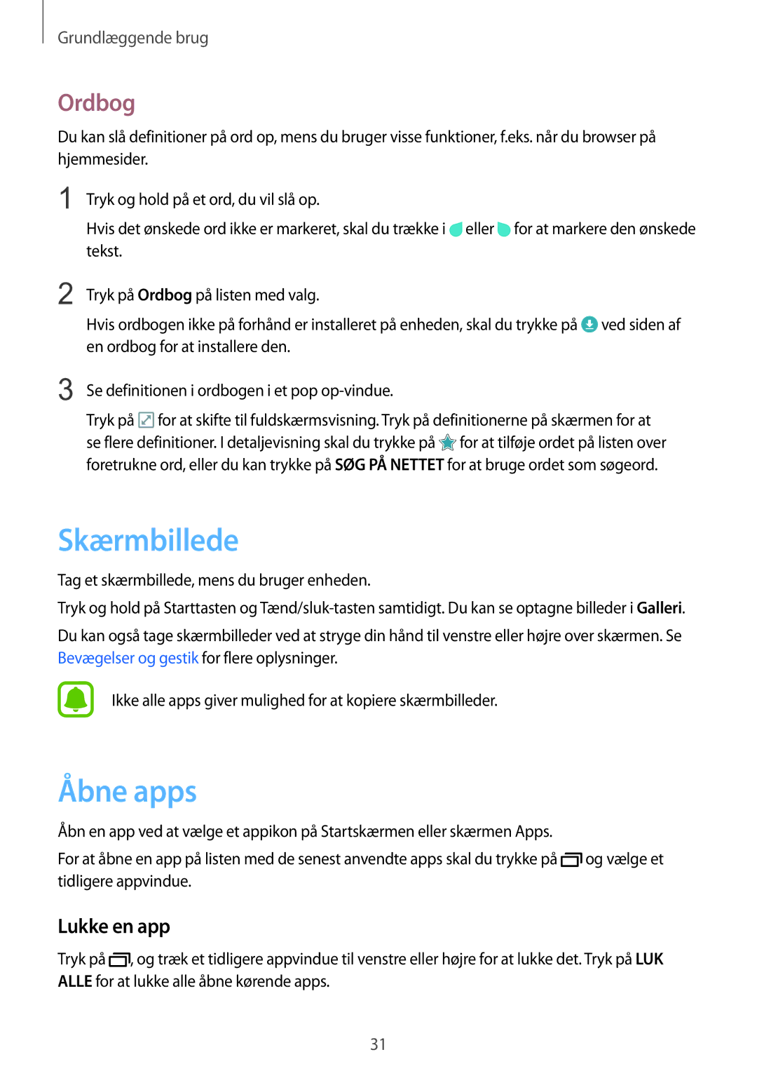 Samsung SM-T815NZWENEE manual Skærmbillede, Åbne apps, Ordbog, Lukke en app, Tag et skærmbillede, mens du bruger enheden 