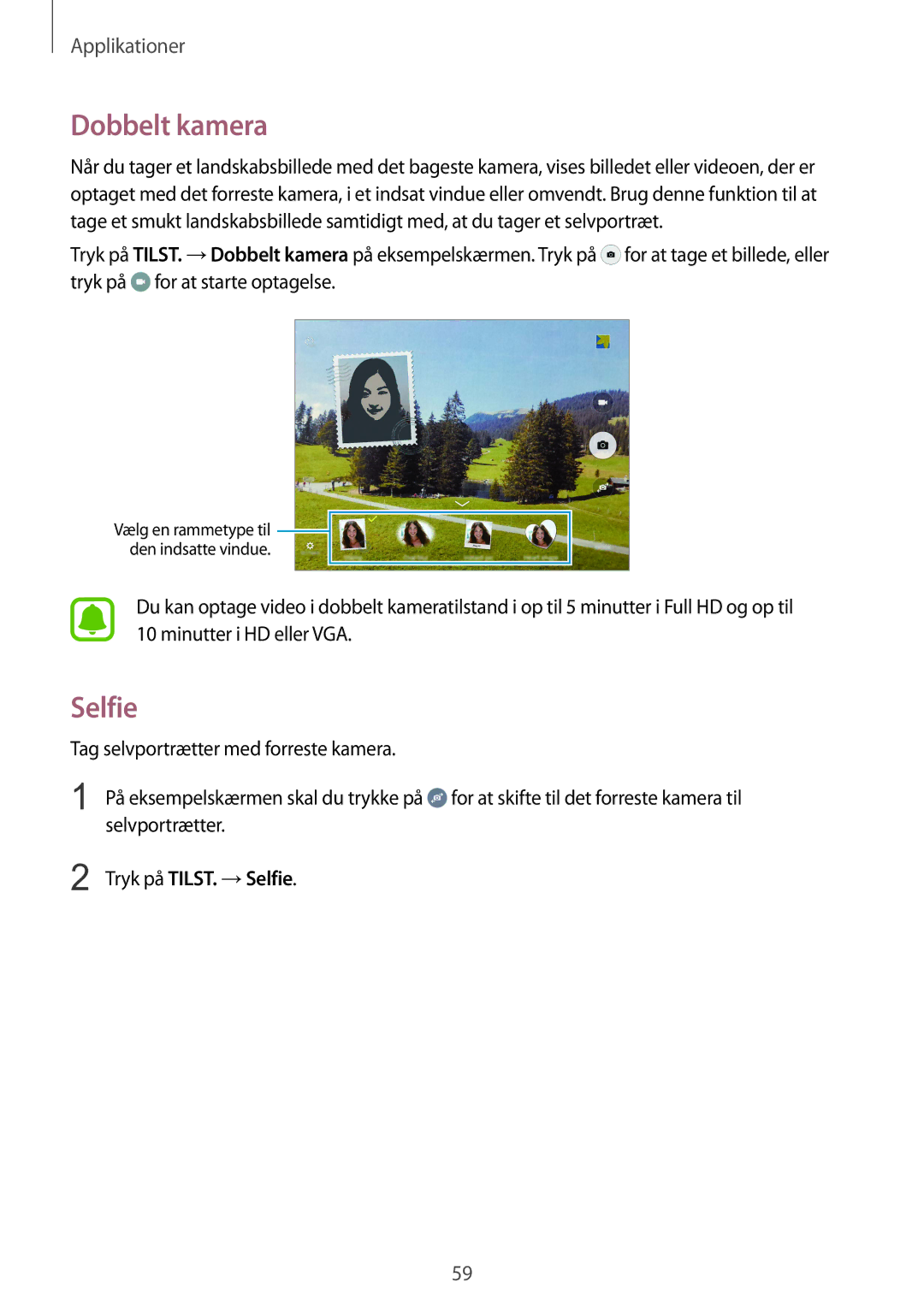 Samsung SM-T815NZWENEE manual Dobbelt kamera, Selfie, Tag selvportrætter med forreste kamera, Selvportrætter 