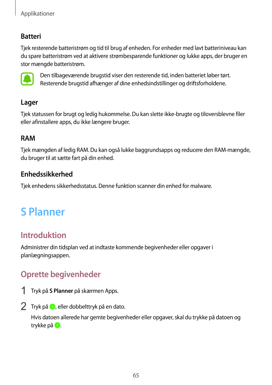 Samsung SM-T815NZWENEE manual Planner, Oprette begivenheder, Batteri, Lager, Enhedssikkerhed 