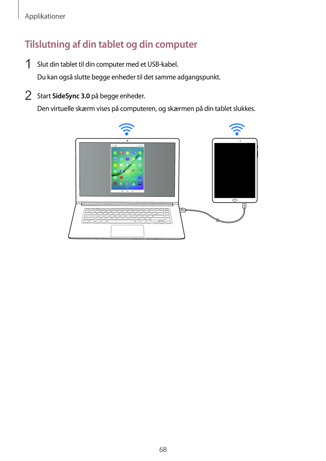 Samsung SM-T815NZWENEE manual Tilslutning af din tablet og din computer, Slut din tablet til din computer med et USB-kabel 