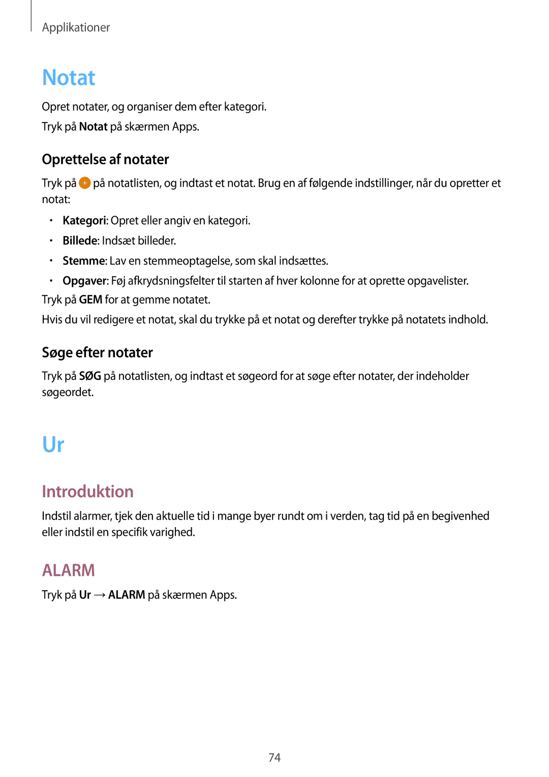 Samsung SM-T815NZWENEE manual Notat, Oprettelse af notater, Søge efter notater, Tryk på Ur →ALARM på skærmen Apps 
