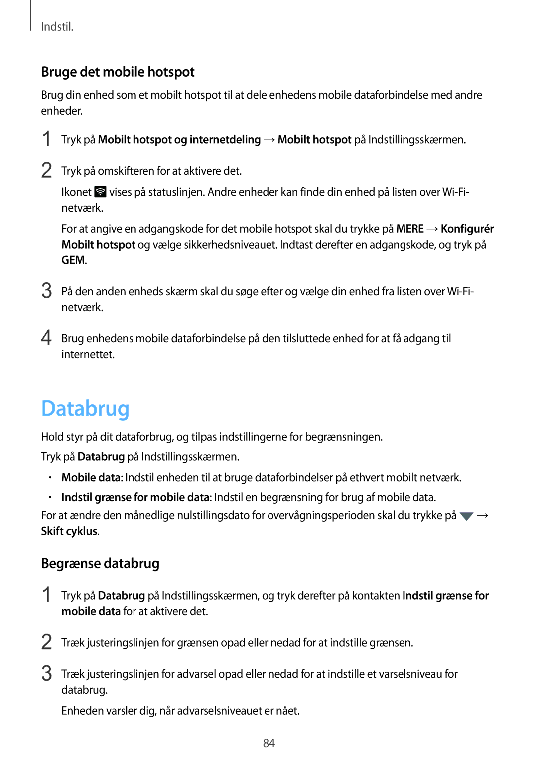 Samsung SM-T815NZWENEE manual Databrug, Bruge det mobile hotspot, Begrænse databrug, Netværk, Internettet 