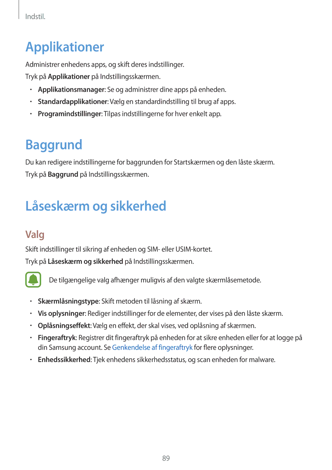 Samsung SM-T815NZWENEE manual Applikationer, Baggrund, Låseskærm og sikkerhed 