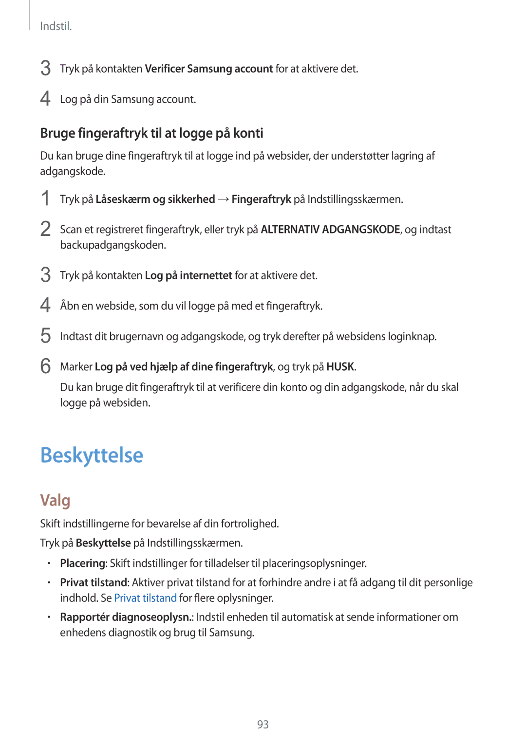 Samsung SM-T815NZWENEE manual Beskyttelse, Bruge fingeraftryk til at logge på konti 