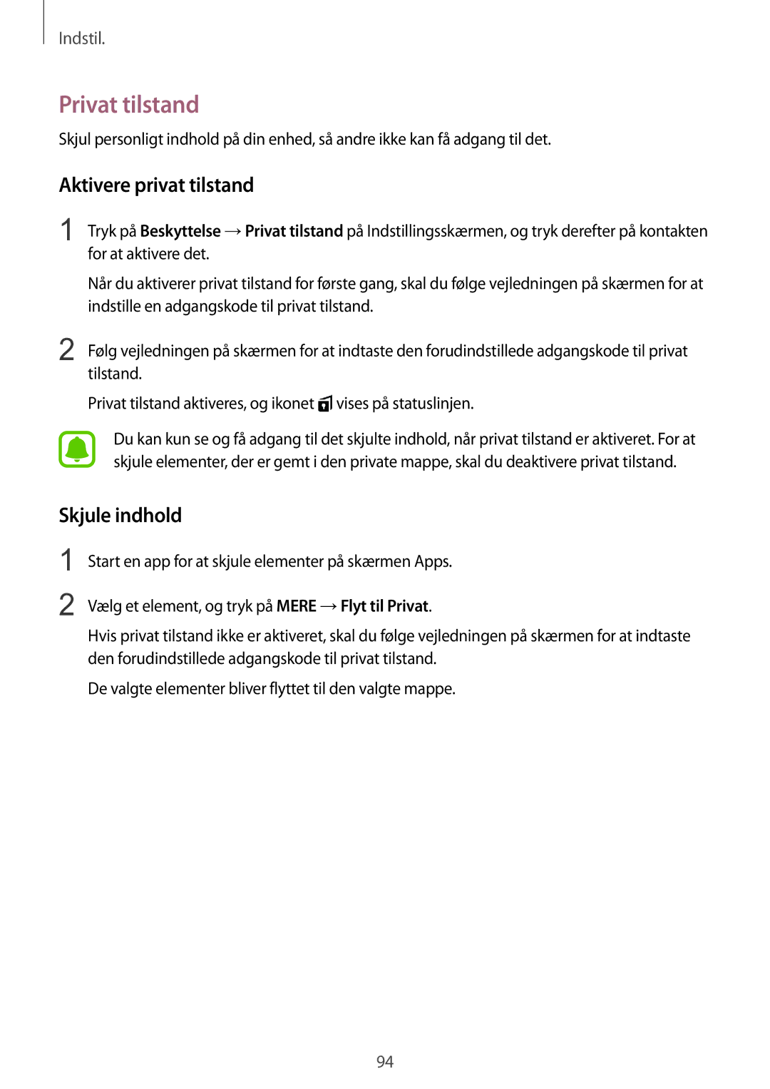 Samsung SM-T815NZWENEE manual Privat tilstand, Aktivere privat tilstand, Skjule indhold 