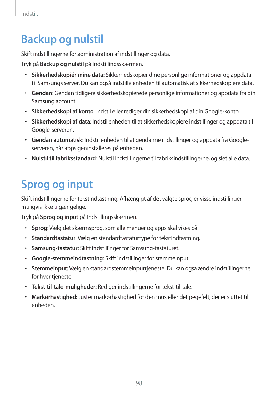 Samsung SM-T815NZWENEE manual Backup og nulstil, Sprog og input 