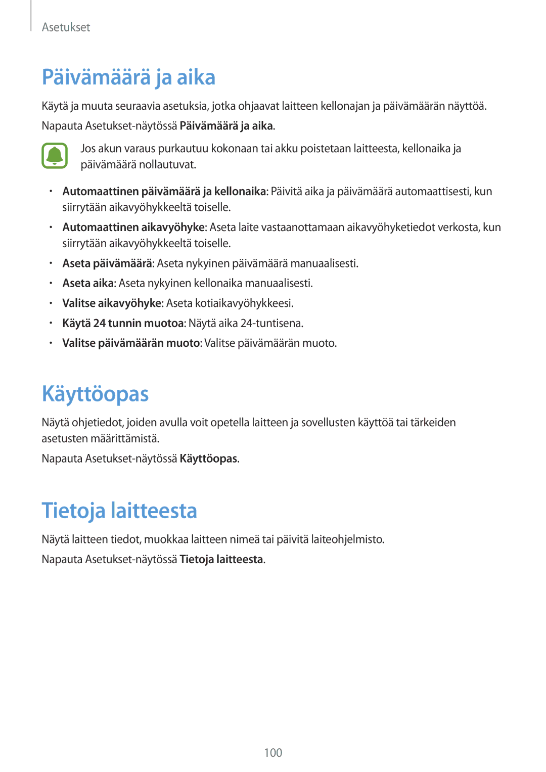 Samsung SM-T815NZWENEE manual Päivämäärä ja aika, Käyttöopas, Tietoja laitteesta 