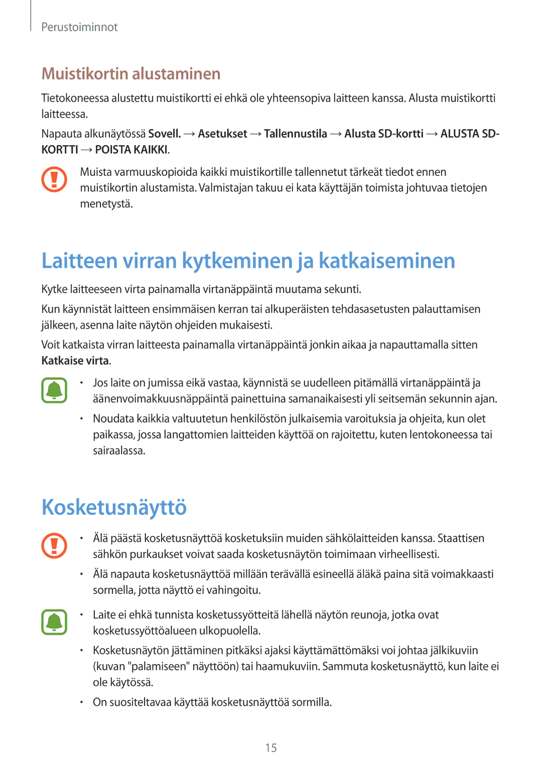 Samsung SM-T815NZWENEE manual Laitteen virran kytkeminen ja katkaiseminen, Kosketusnäyttö, Muistikortin alustaminen 