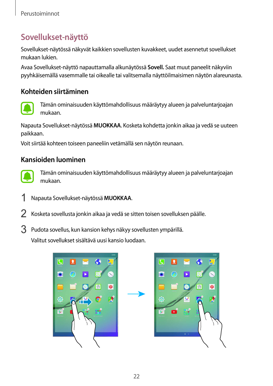 Samsung SM-T815NZWENEE manual Sovellukset-näyttö, Kohteiden siirtäminen 