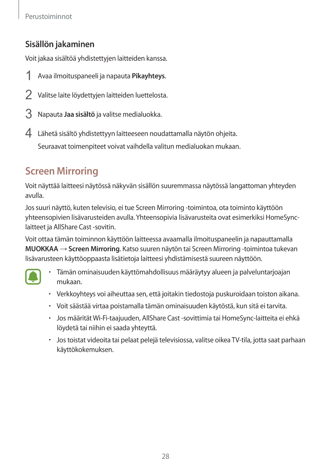 Samsung SM-T815NZWENEE manual Screen Mirroring, Sisällön jakaminen 