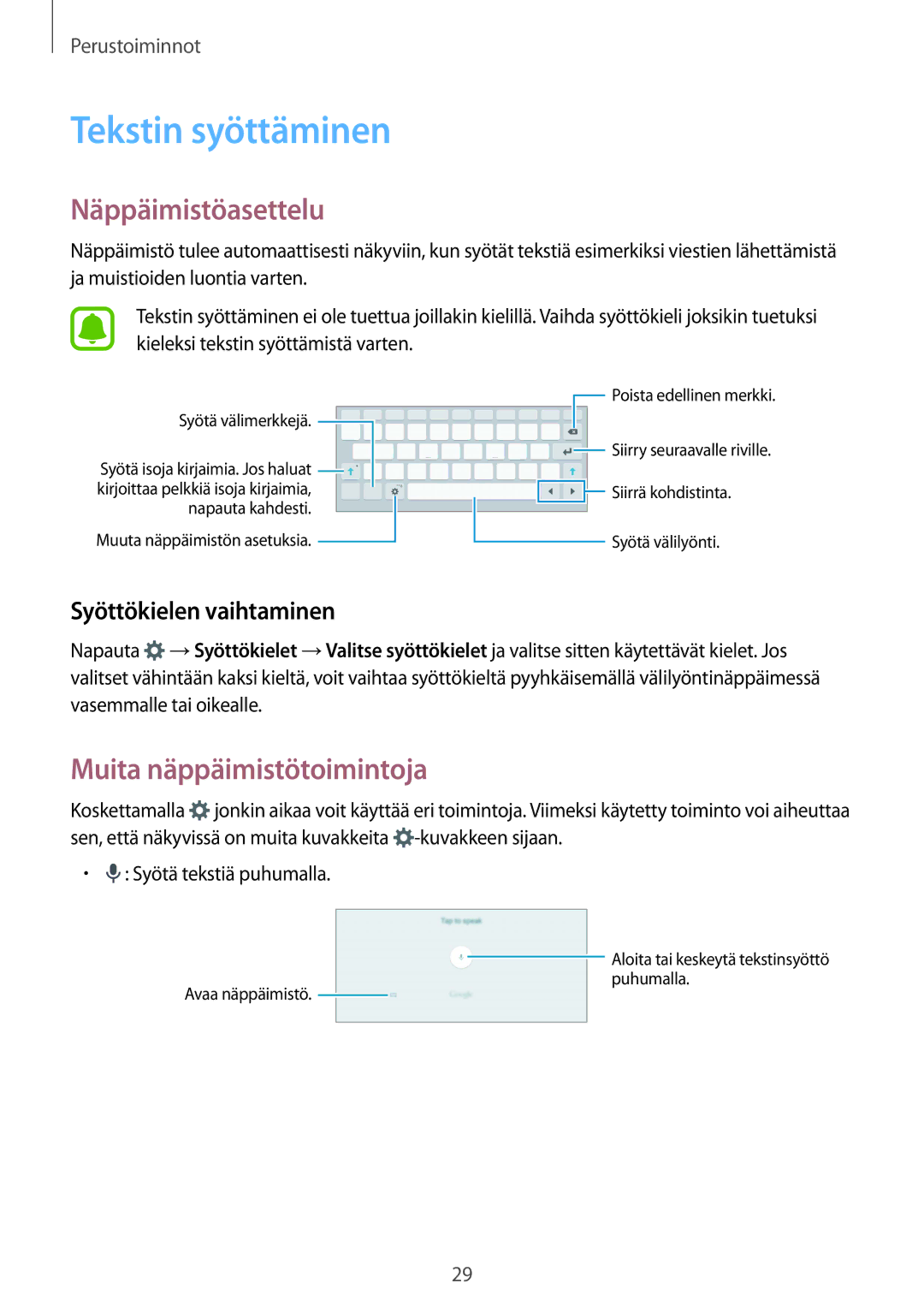 Samsung SM-T815NZWENEE Tekstin syöttäminen, Näppäimistöasettelu, Muita näppäimistötoimintoja, Syöttökielen vaihtaminen 