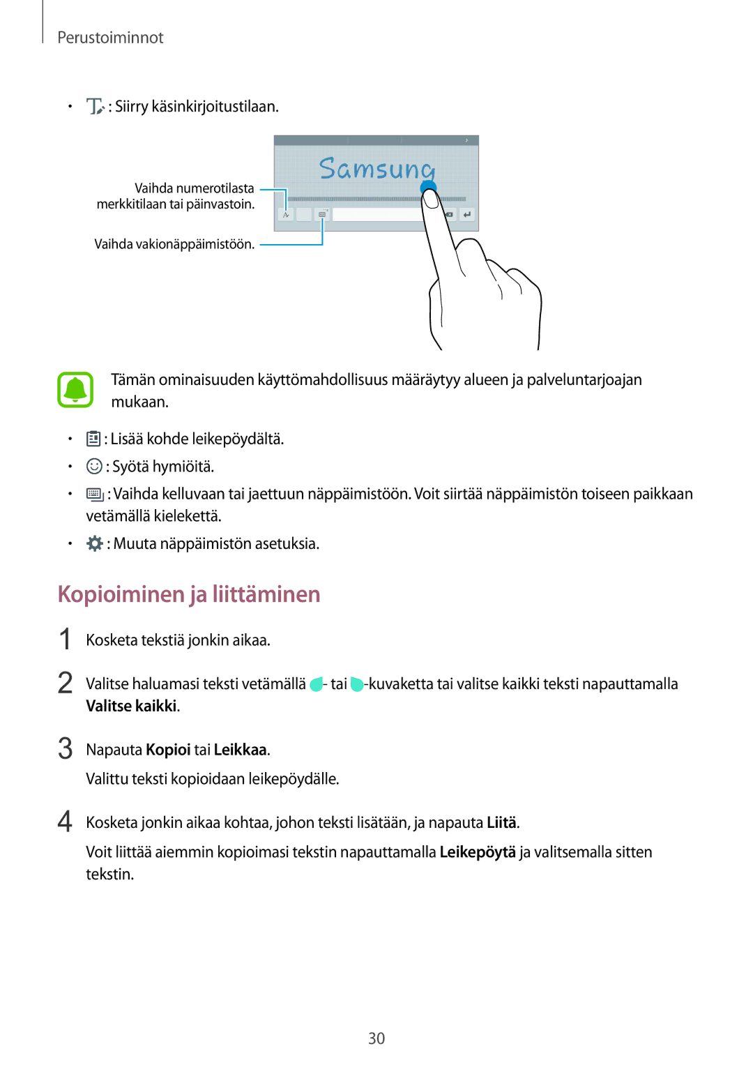 Samsung SM-T815NZWENEE manual Kopioiminen ja liittäminen, Valitse kaikki Napauta Kopioi tai Leikkaa 