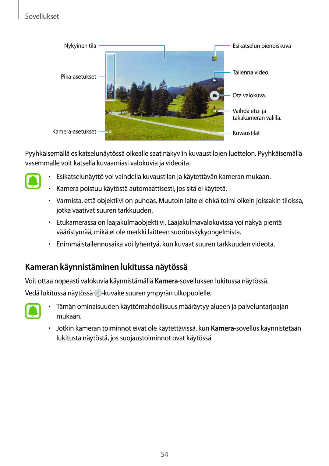 Samsung SM-T815NZWENEE manual Kameran käynnistäminen lukitussa näytössä 