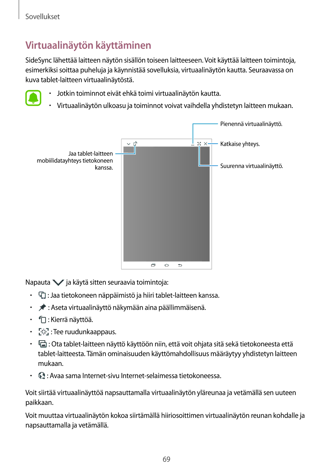 Samsung SM-T815NZWENEE manual Virtuaalinäytön käyttäminen 